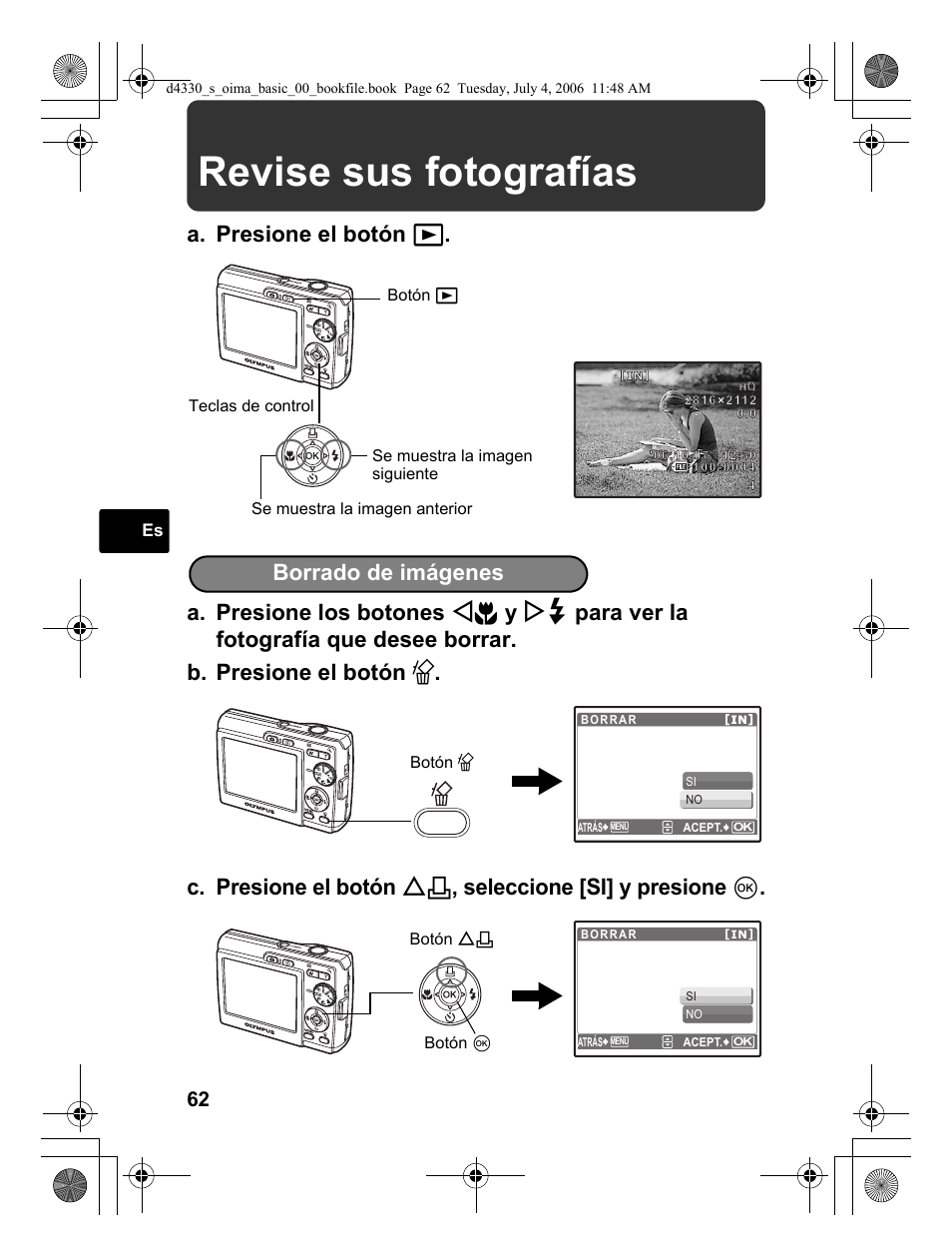 Revise sus fotografías, Borrado de imágenes | Olympus FE-180 User Manual | Page 62 / 108