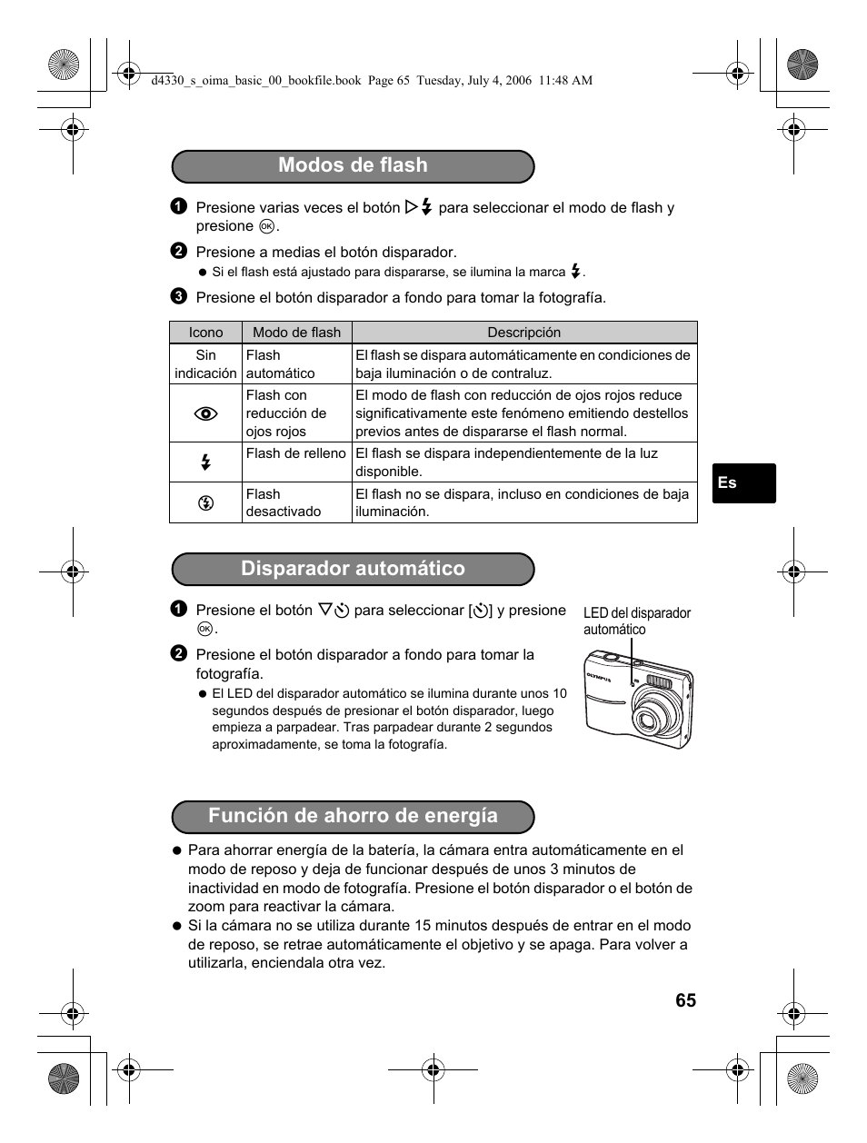 Modos de flash disparador automático, Función de ahorro de energía | Olympus FE-180 User Manual | Page 65 / 108