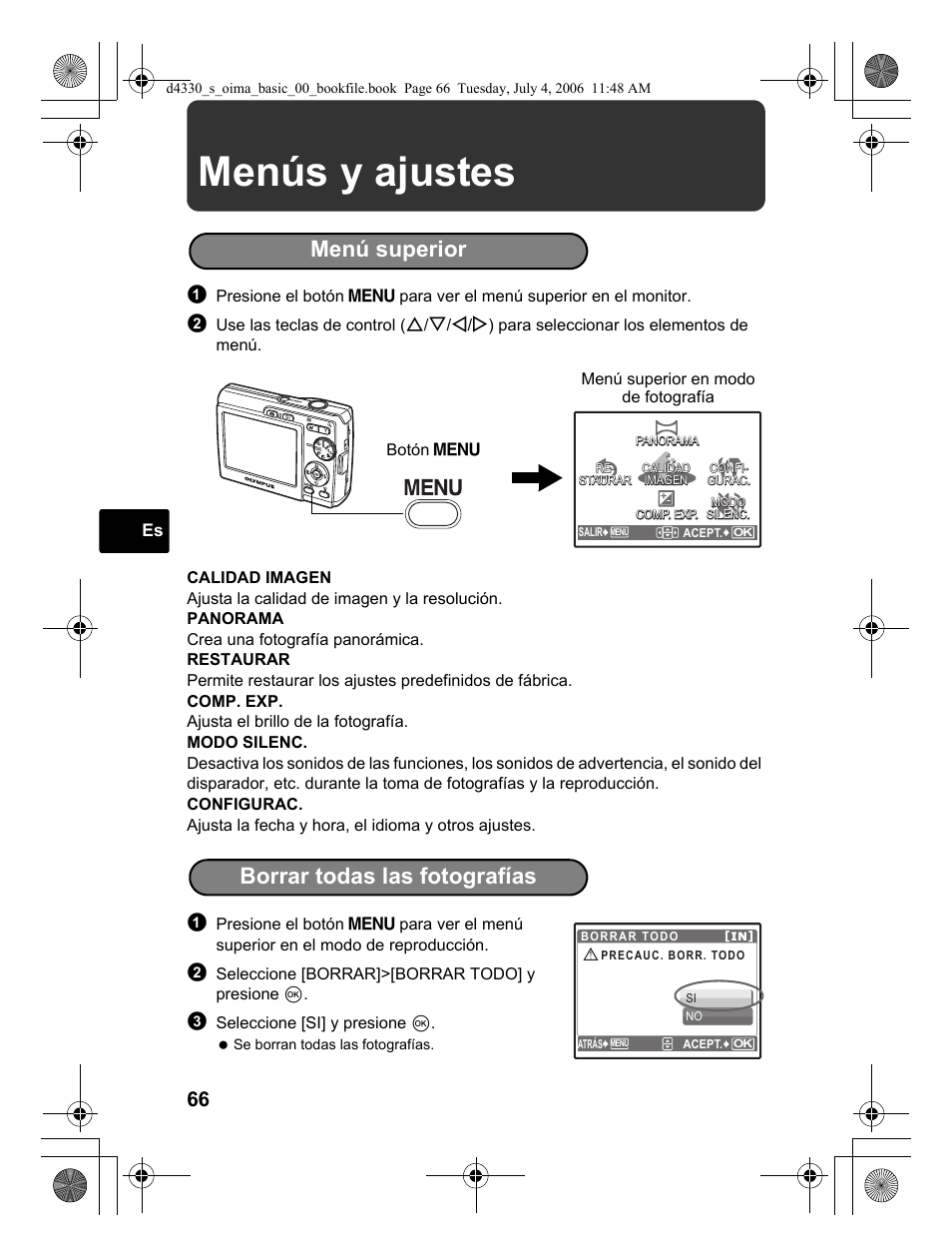 Menús y ajustes, Menú superior, Borrar todas las fotografías | Olympus FE-180 User Manual | Page 66 / 108