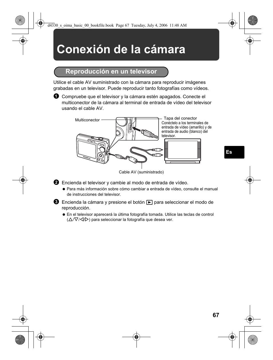 Conexión de la cámara, Reproducción en un televisor | Olympus FE-180 User Manual | Page 67 / 108