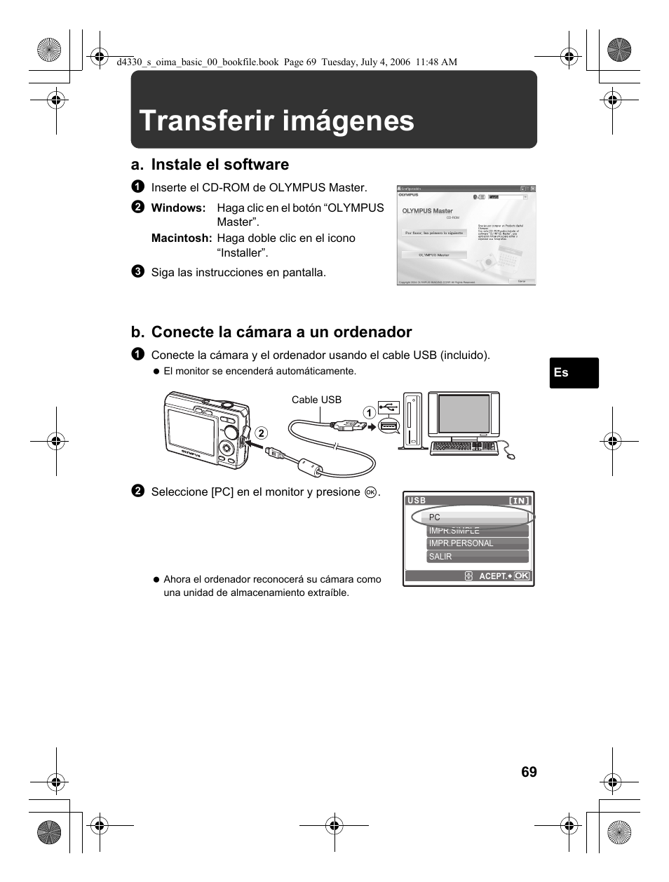 Transferir imágenes, A. instale el software, B. conecte la cámara a un ordenador | Olympus FE-180 User Manual | Page 69 / 108