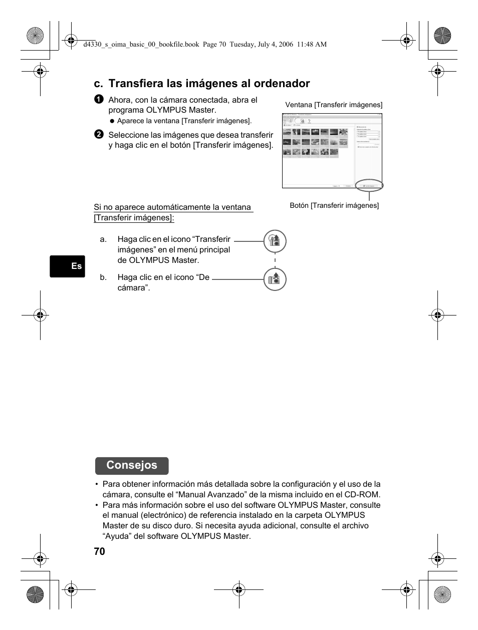 C. transfiera las imágenes al ordenador, Consejos | Olympus FE-180 User Manual | Page 70 / 108