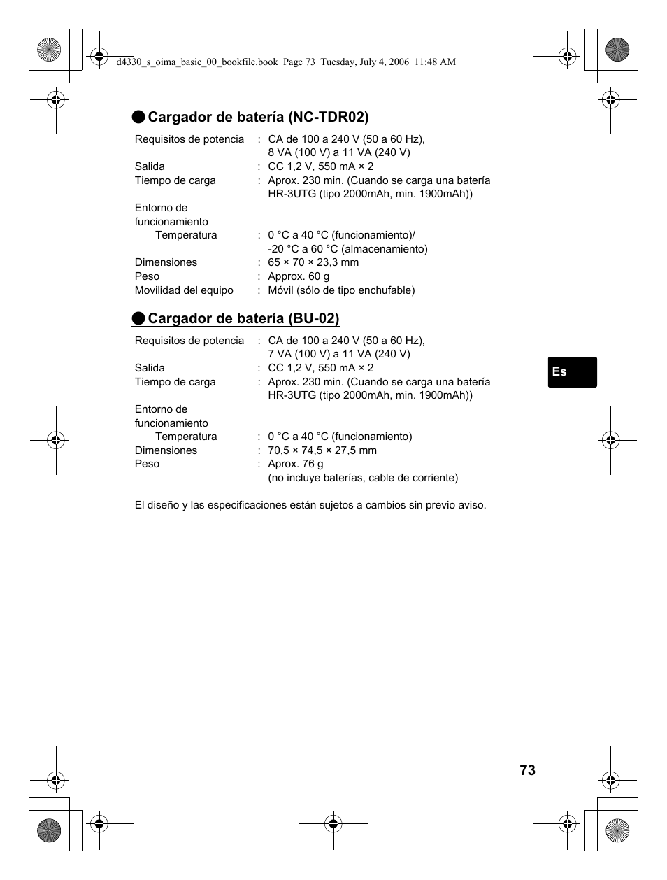 Cargador de batería (nc-tdr02), Cargador de batería (bu-02) | Olympus FE-180 User Manual | Page 73 / 108