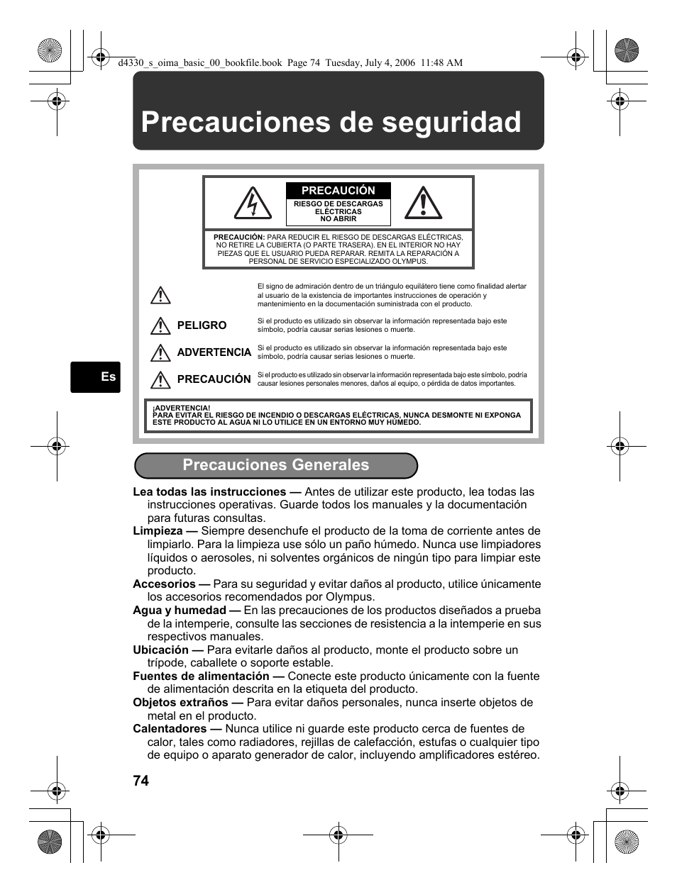 Precauciones de seguridad, Precauciones generales | Olympus FE-180 User Manual | Page 74 / 108