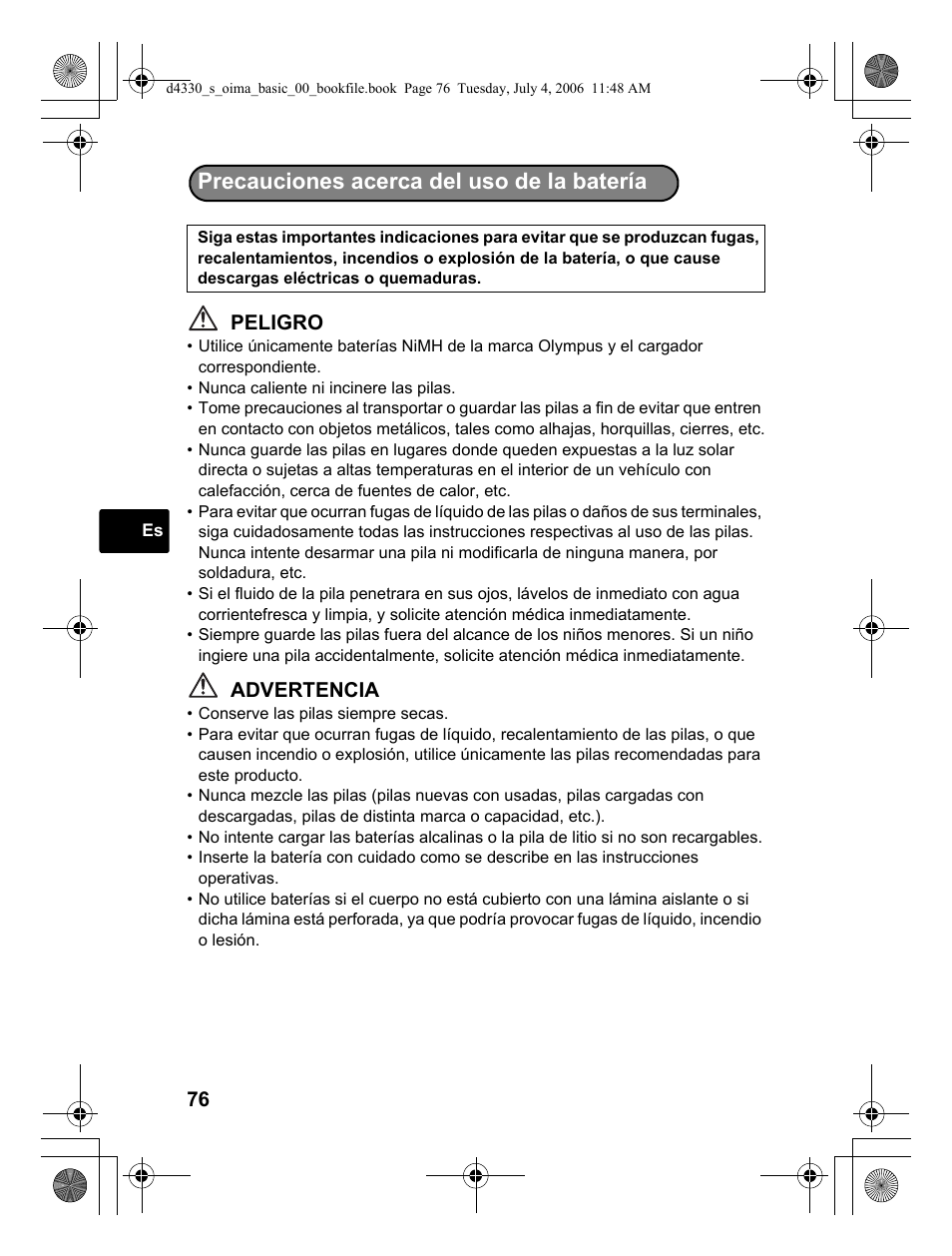 Precauciones acerca del uso de la batería | Olympus FE-180 User Manual | Page 76 / 108