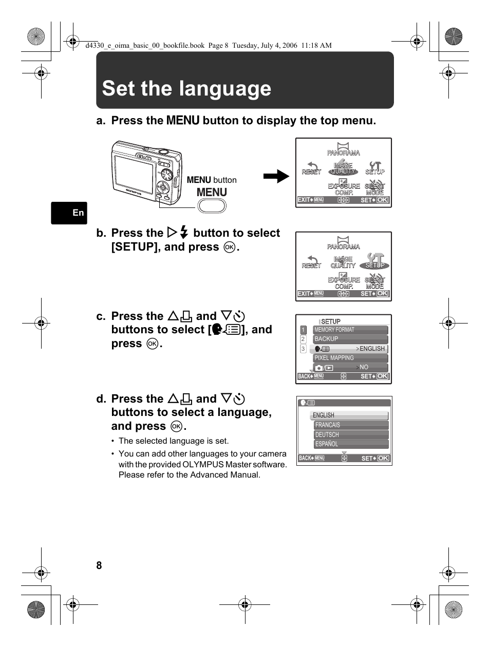 Set the language | Olympus FE-180 User Manual | Page 8 / 108