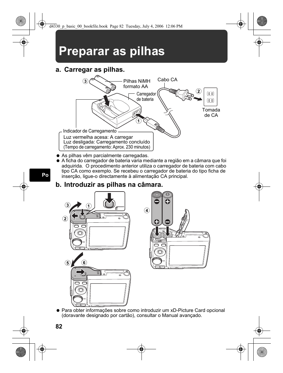 Preparar as pilhas, A. carregar as pilhas, B. introduzir as pilhas na câmara | Olympus FE-180 User Manual | Page 82 / 108