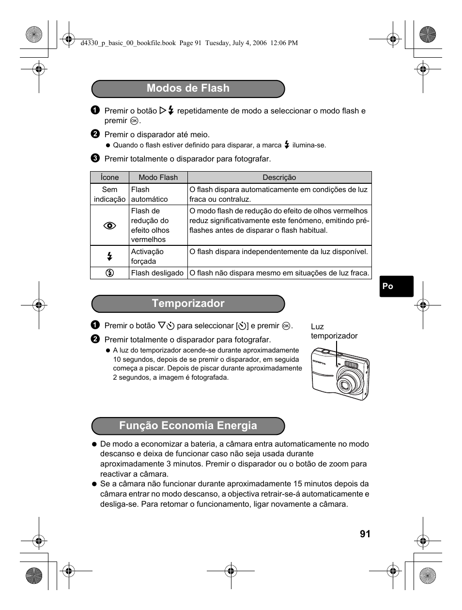 Modos de flash temporizador, Função economia energia | Olympus FE-180 User Manual | Page 91 / 108