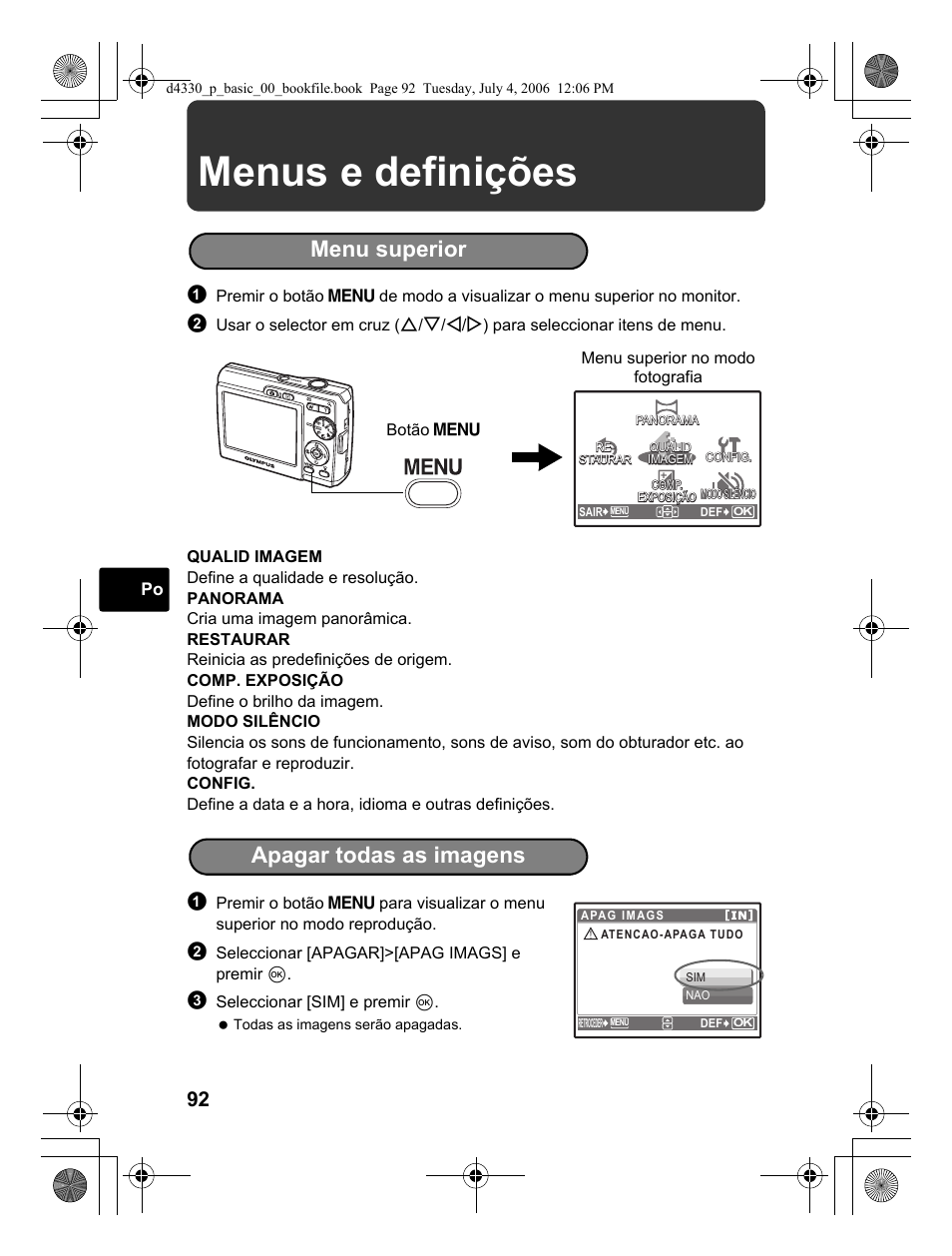 Menus e definições, Menu superior, Apagar todas as imagens | Olympus FE-180 User Manual | Page 92 / 108
