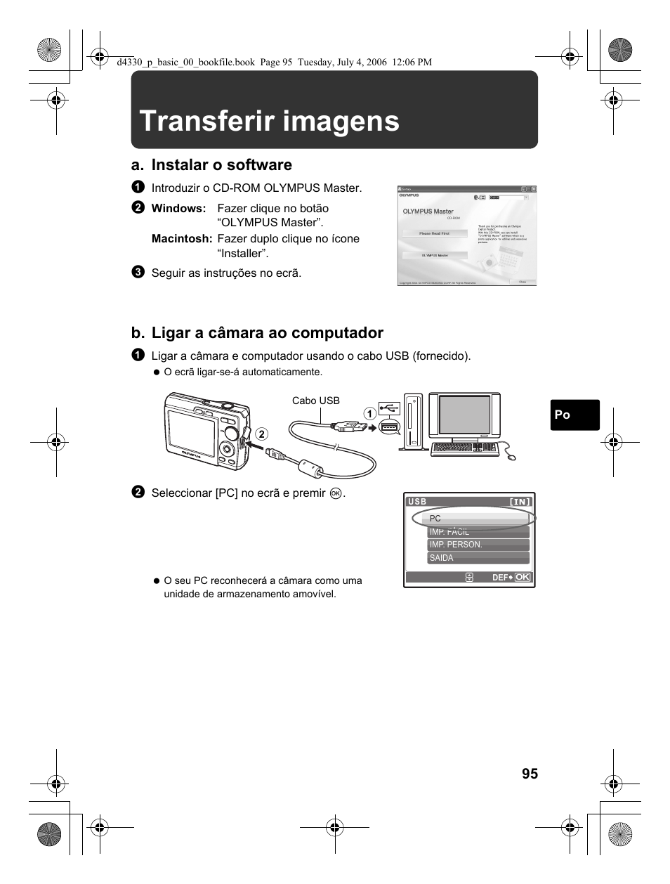 Transferir imagens, A. instalar o software, B. ligar a câmara ao computador | Olympus FE-180 User Manual | Page 95 / 108
