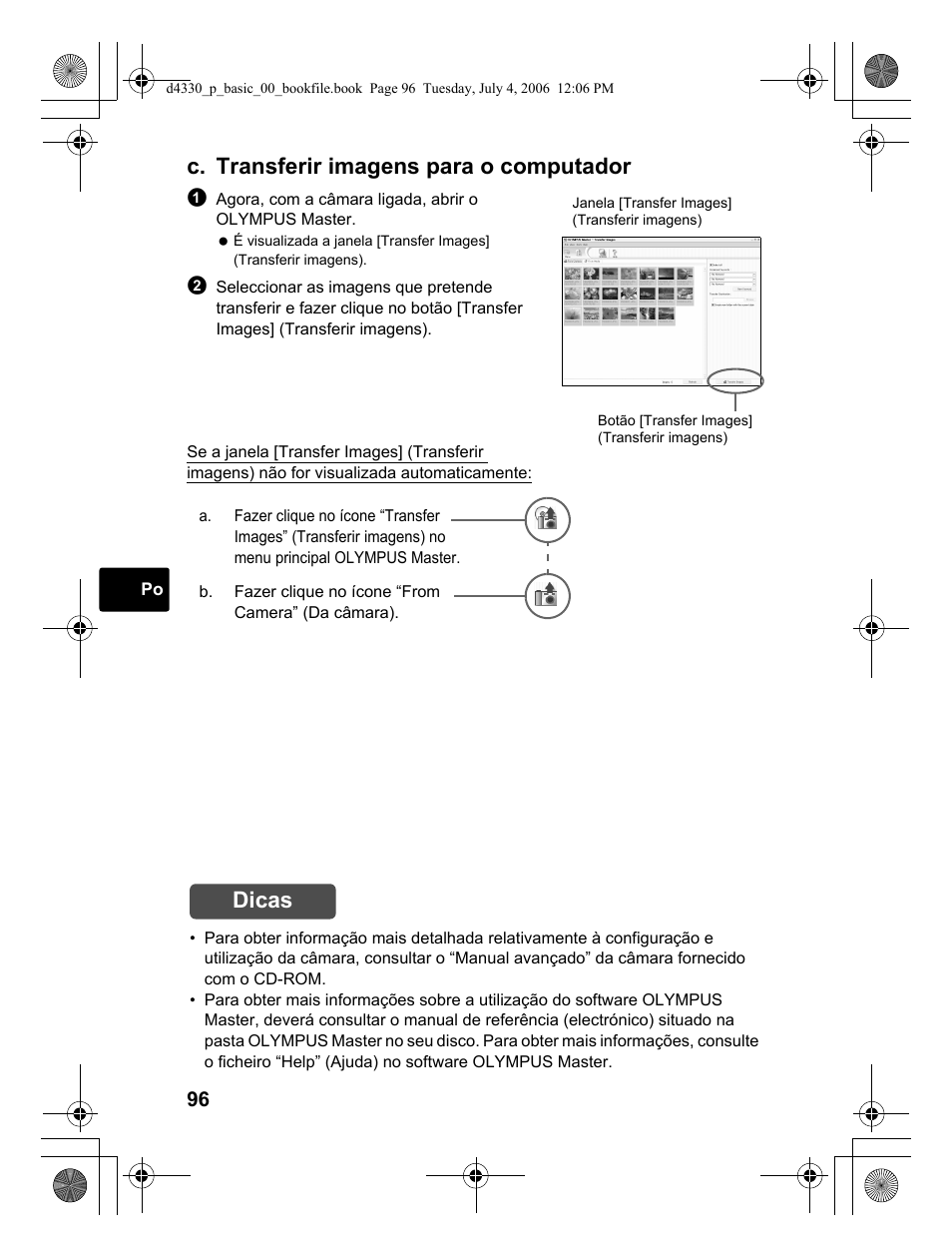 C. transferir imagens para o computador, Dicas | Olympus FE-180 User Manual | Page 96 / 108