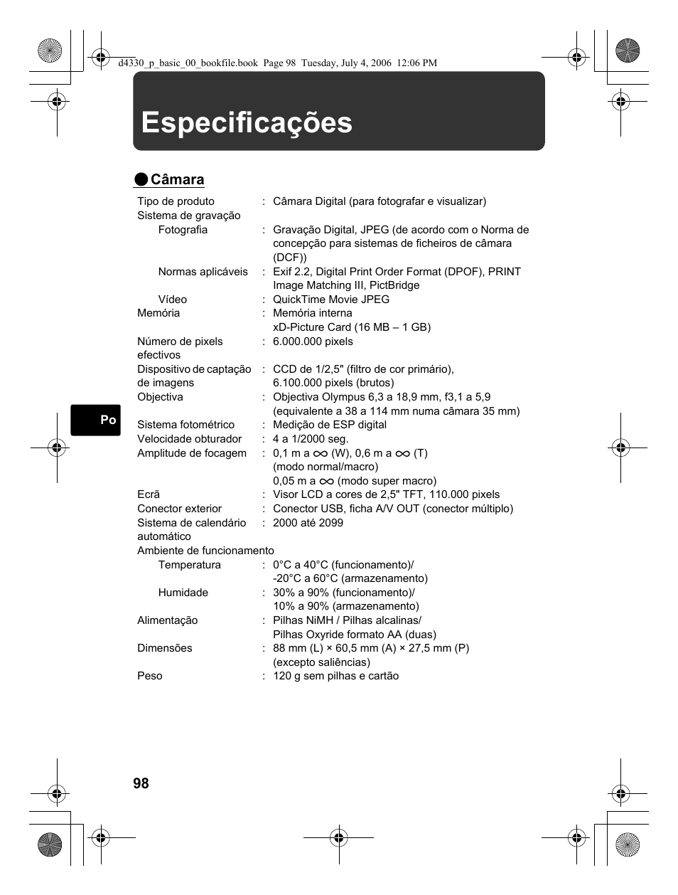 Especificações, Câmara | Olympus FE-180 User Manual | Page 98 / 108