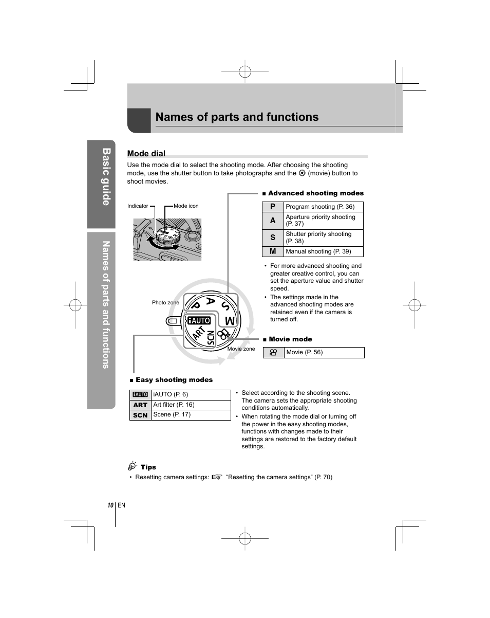Basic guide, Names of parts and functions, Mode dial | Olympus E-PL1 User Manual | Page 10 / 124