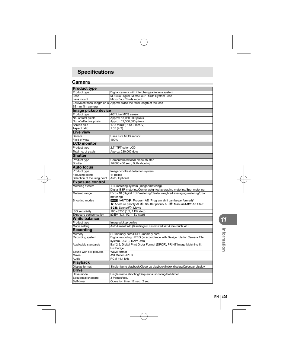 Specifi cations, Camera, Information | Olympus E-PL1 User Manual | Page 109 / 124