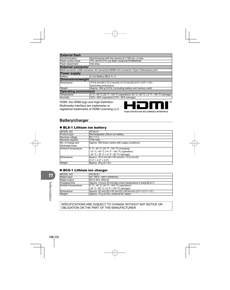 Battery/charger, Information | Olympus E-PL1 User Manual | Page 110 / 124