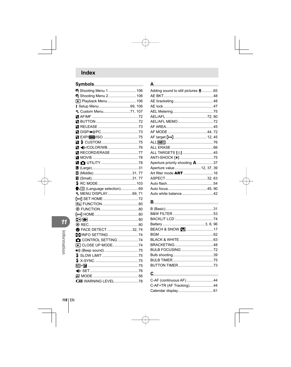 Index | Olympus E-PL1 User Manual | Page 118 / 124