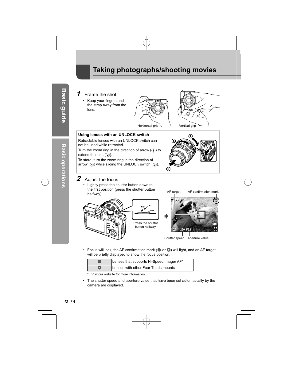 Taking photographs/shooting movies, Basic guide, Basic operations | Olympus E-PL1 User Manual | Page 12 / 124