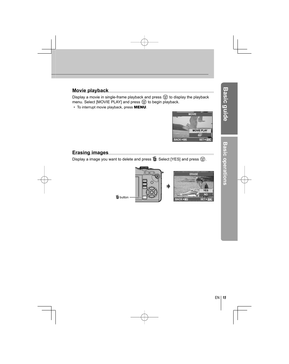 Basic guide, Basic operations, Movie playback | Erasing images | Olympus E-PL1 User Manual | Page 15 / 124