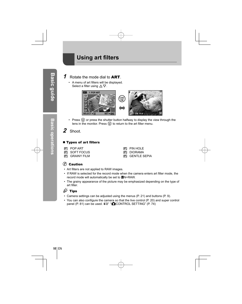 Using art fi lters, Basic guide, Basic operations | Olympus E-PL1 User Manual | Page 16 / 124