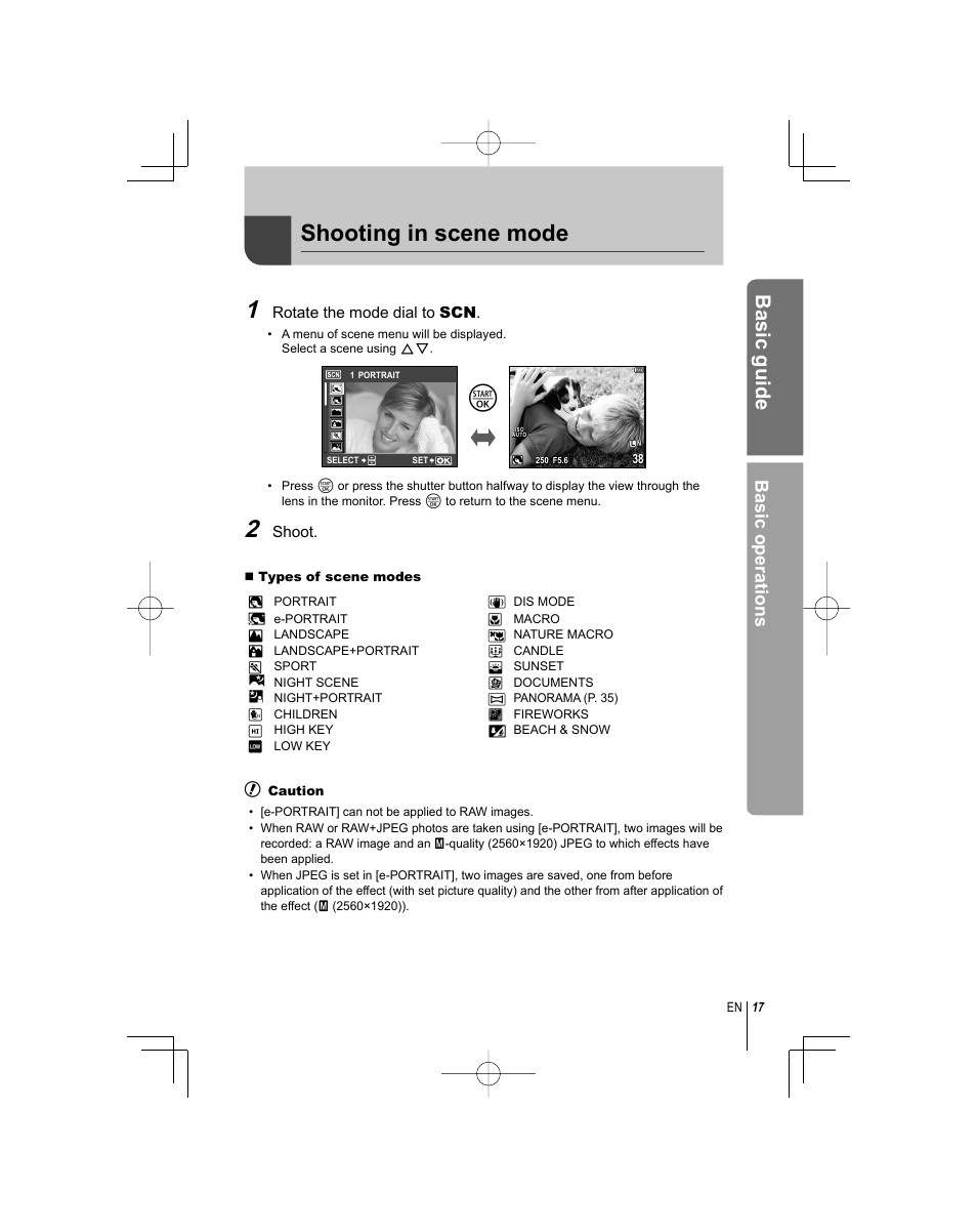 Shooting in scene mode, Basic guide, Basic operations | Olympus E-PL1 User Manual | Page 17 / 124