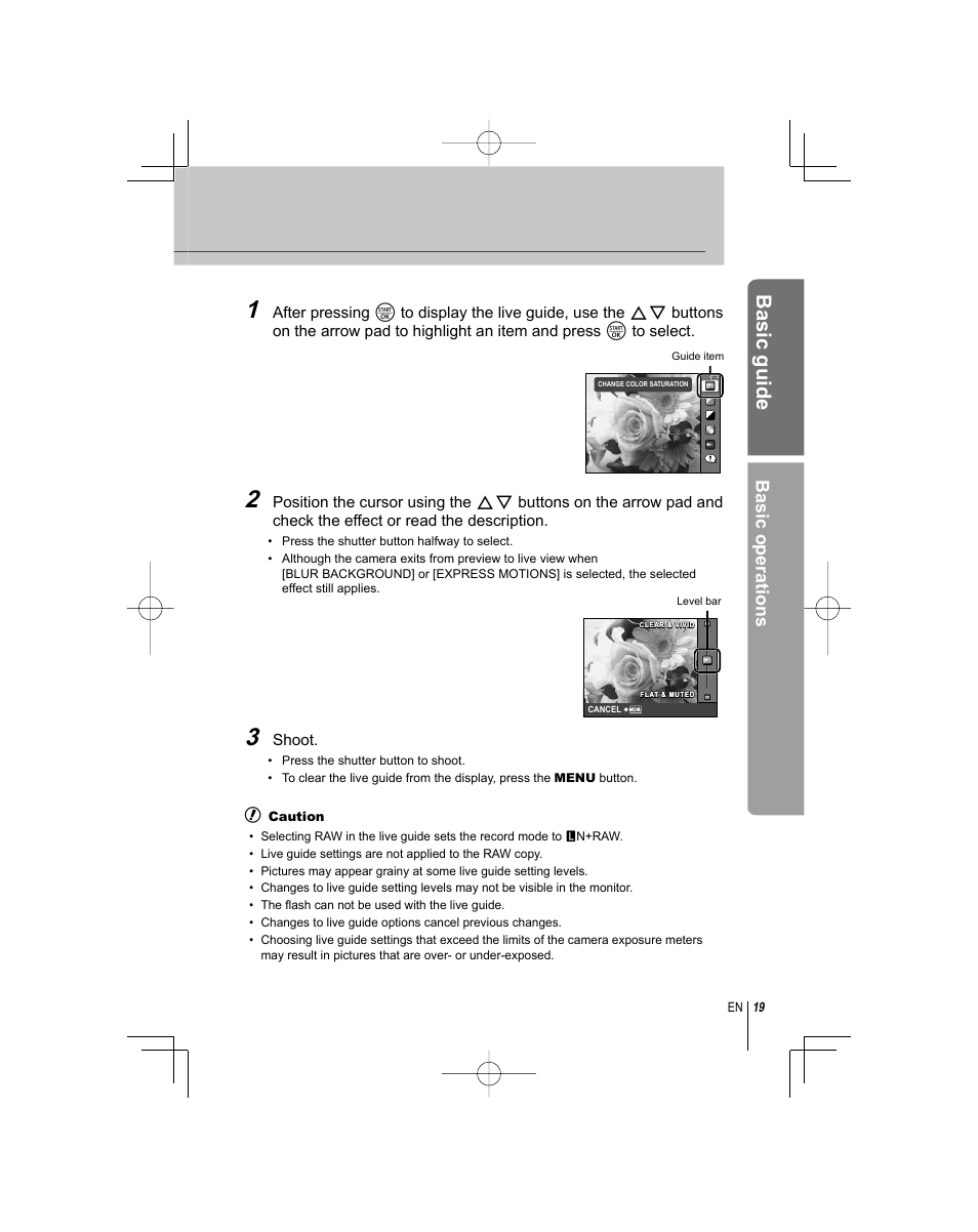 Basic guide, Basic operations | Olympus E-PL1 User Manual | Page 19 / 124