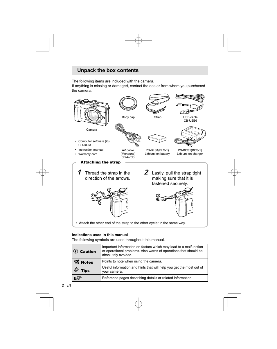 Unpack the box contents | Olympus E-PL1 User Manual | Page 2 / 124