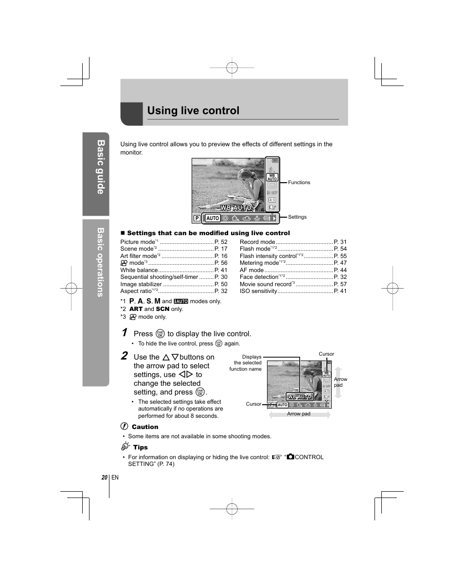 Using live control, Basic guide, Basic operations | Press i to display the live control | Olympus E-PL1 User Manual | Page 20 / 124