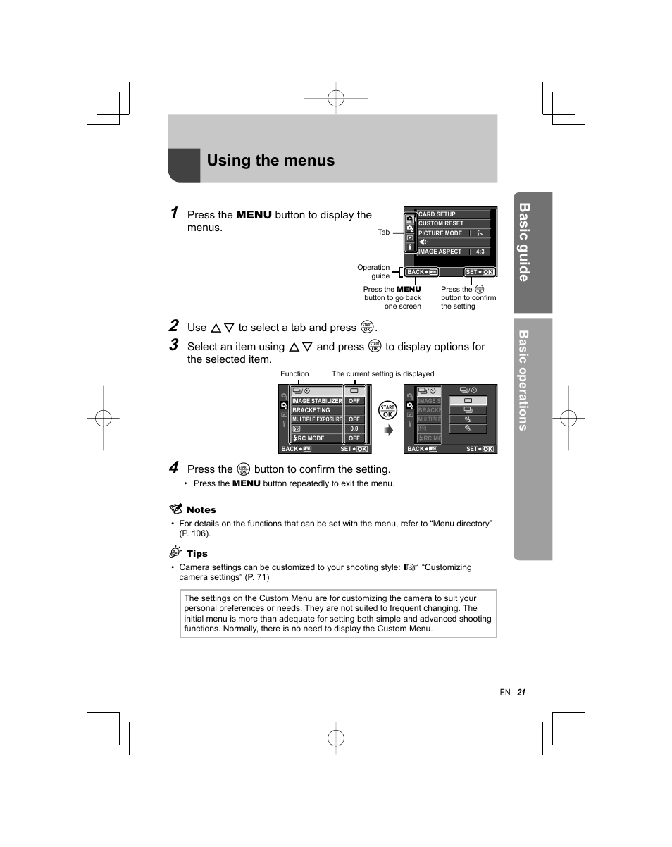 Using the menus, Basic guide, Basic operations | Olympus E-PL1 User Manual | Page 21 / 124