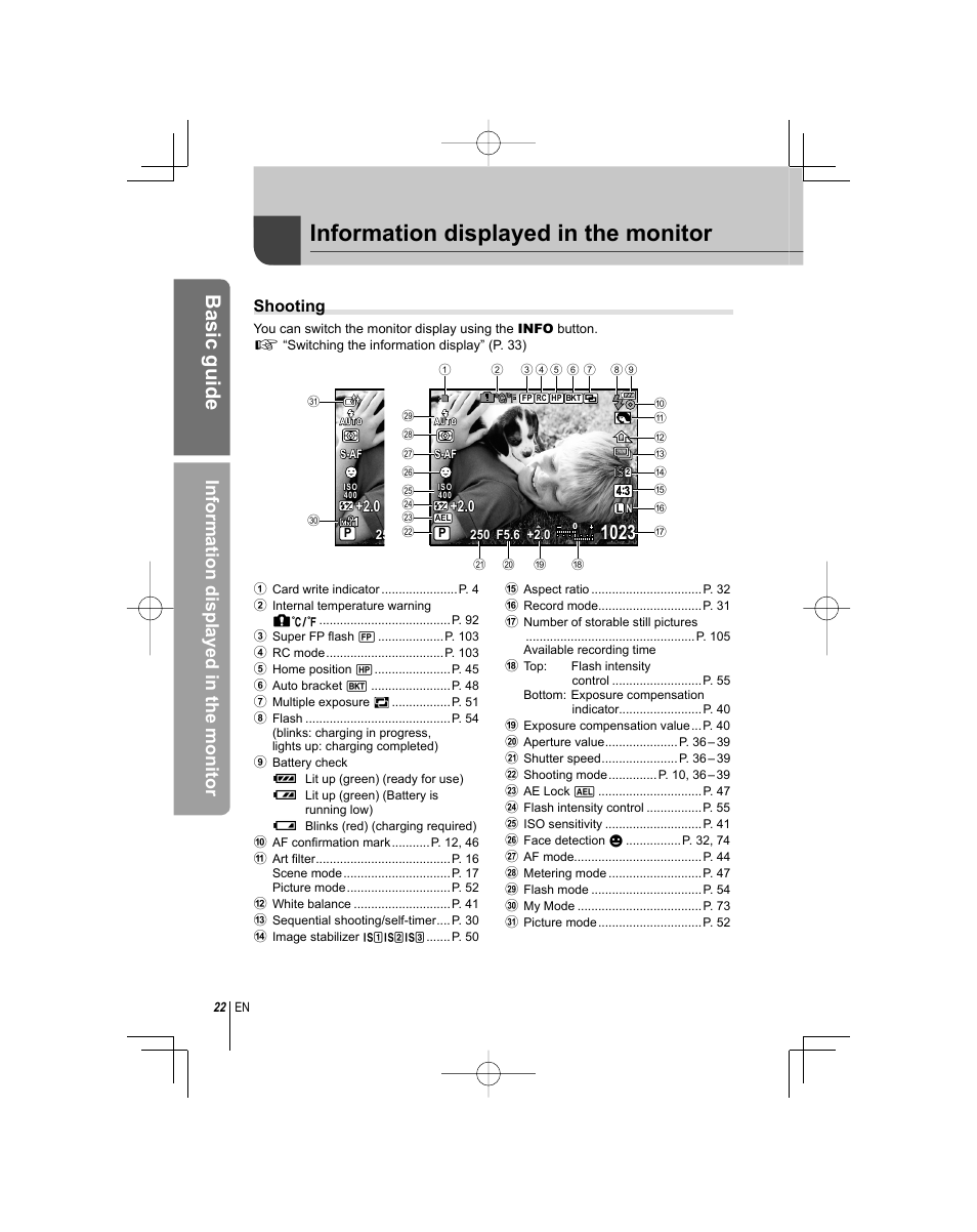 Basic guide, Information displayed in the monitor, Shooting | Olympus E-PL1 User Manual | Page 22 / 124