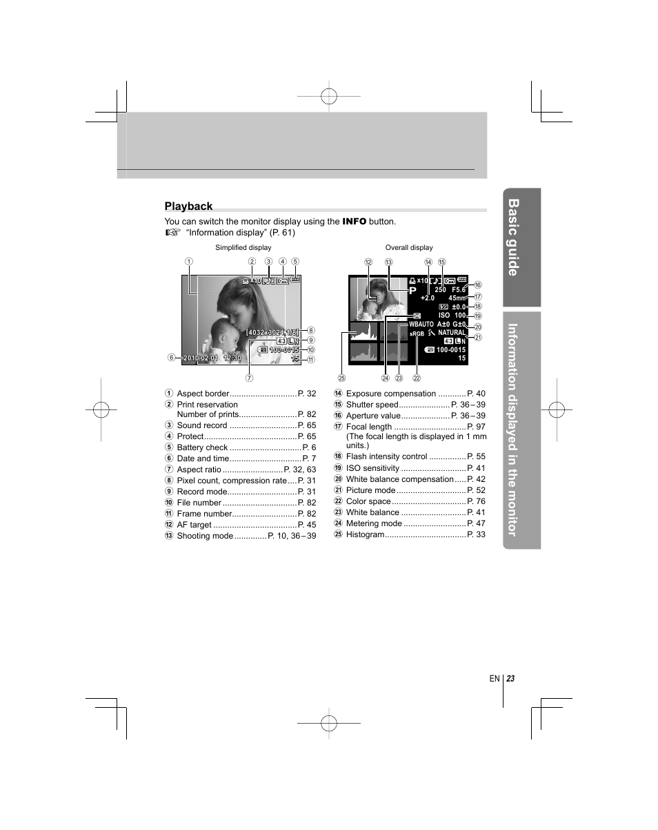 Basic guide, Information displayed in the monitor, Playback | Olympus E-PL1 User Manual | Page 23 / 124