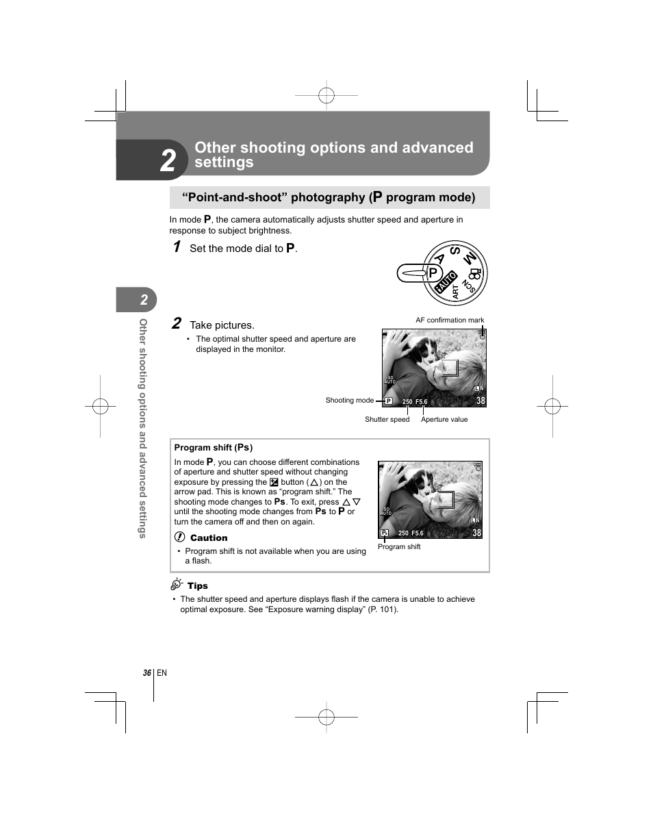 Other shooting options and advanced settings, Point-and-shoot” photography ( p program mode) | Olympus E-PL1 User Manual | Page 36 / 124