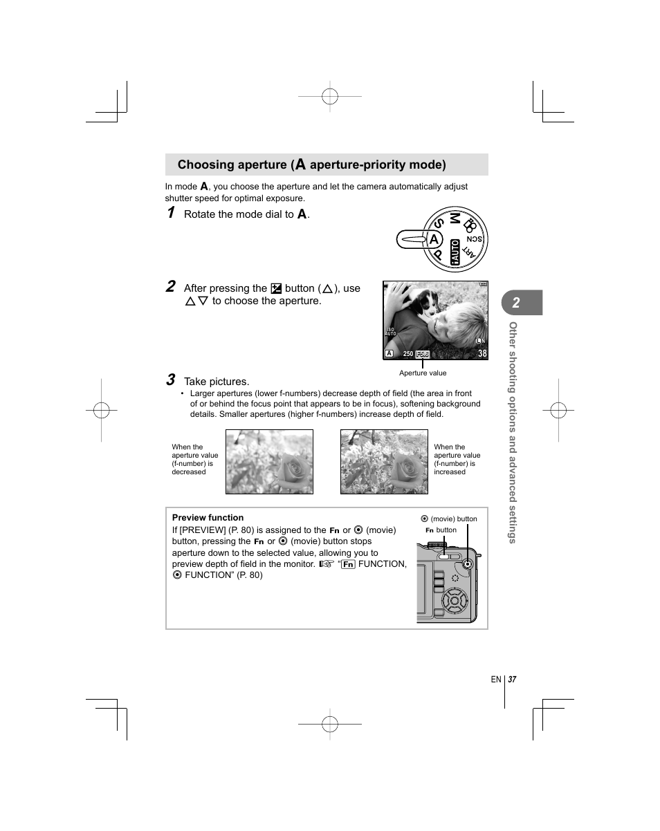 Choosing aperture ( a aperture-priority mode) | Olympus E-PL1 User Manual | Page 37 / 124