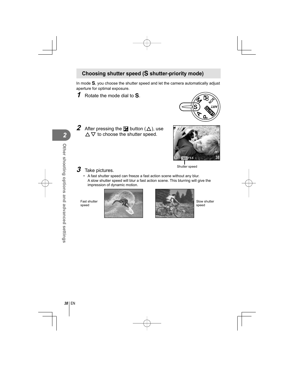 Choosing shutter speed ( s shutter-priority mode) | Olympus E-PL1 User Manual | Page 38 / 124
