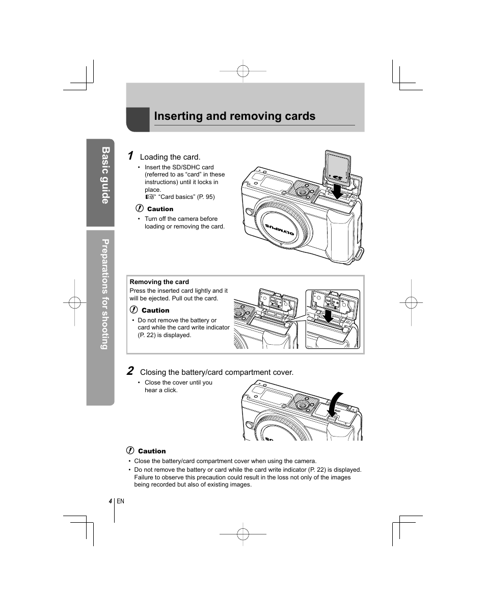 Inserting and removing cards, Basic guide | Olympus E-PL1 User Manual | Page 4 / 124