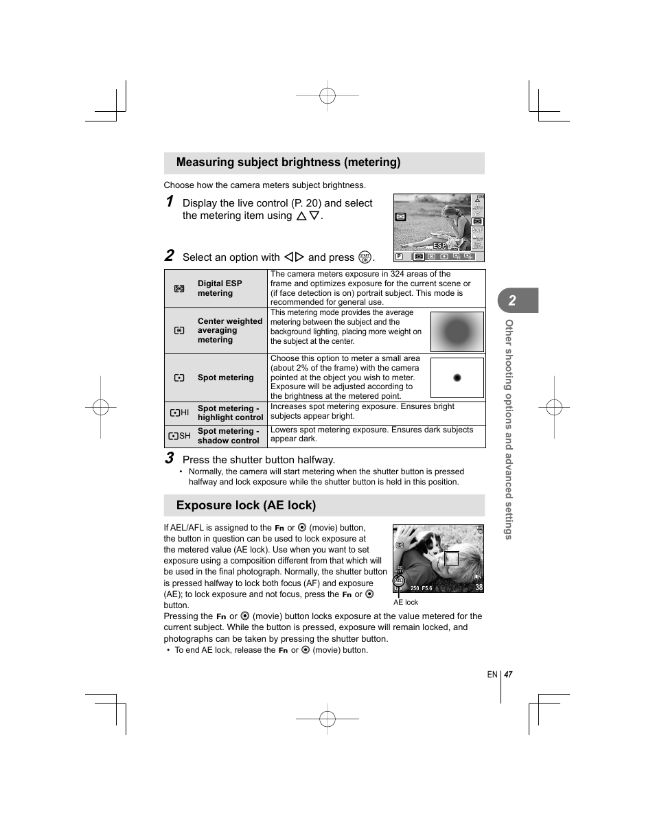 Measuring subject brightness (metering), Exposure lock (ae lock), Select an option with hi and press i | Press the shutter button halfway | Olympus E-PL1 User Manual | Page 47 / 124