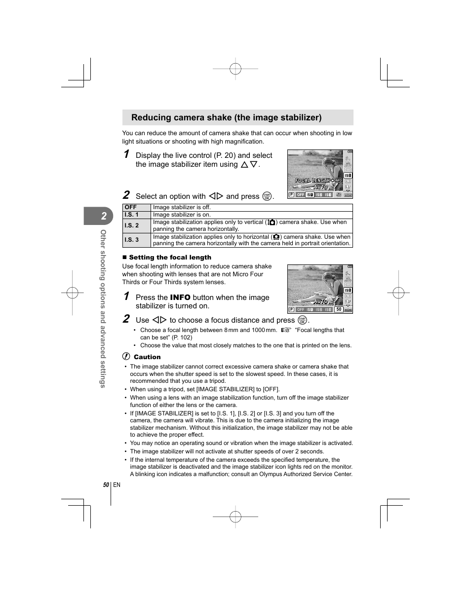Reducing camera shake (the image stabilizer) | Olympus E-PL1 User Manual | Page 50 / 124