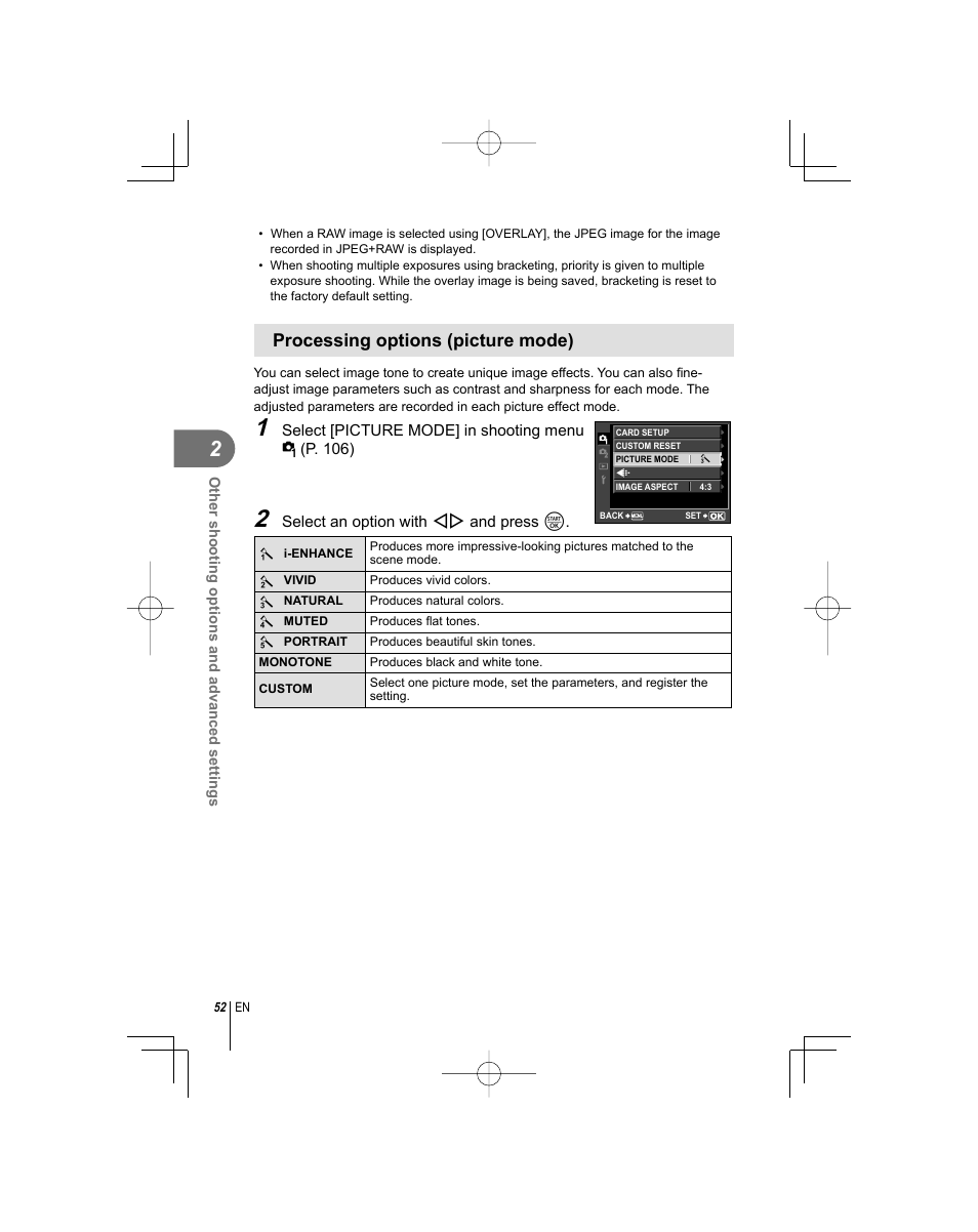 Processing options (picture mode) | Olympus E-PL1 User Manual | Page 52 / 124