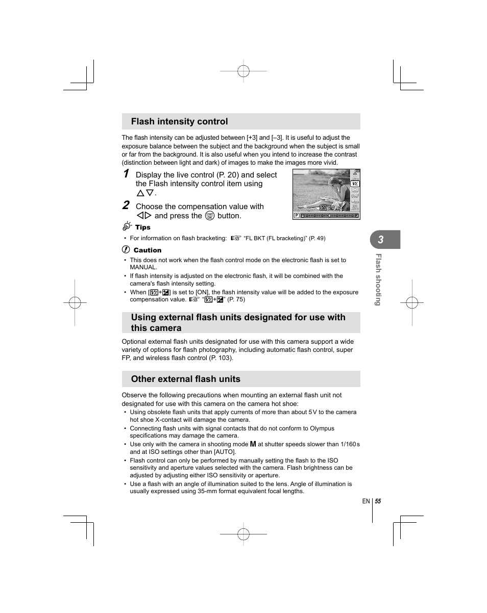 Flash intensity control, Other external fl ash units | Olympus E-PL1 User Manual | Page 55 / 124