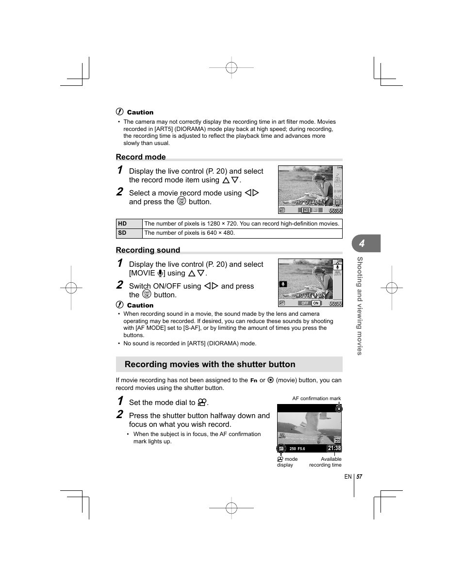 Recording movies with the shutter button, Record mode, Recording sound | Olympus E-PL1 User Manual | Page 57 / 124