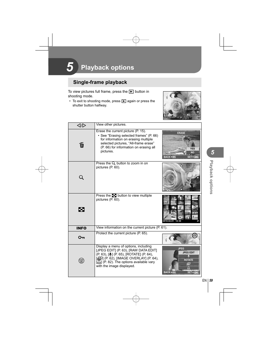 Playback options, Single-frame playback | Olympus E-PL1 User Manual | Page 59 / 124