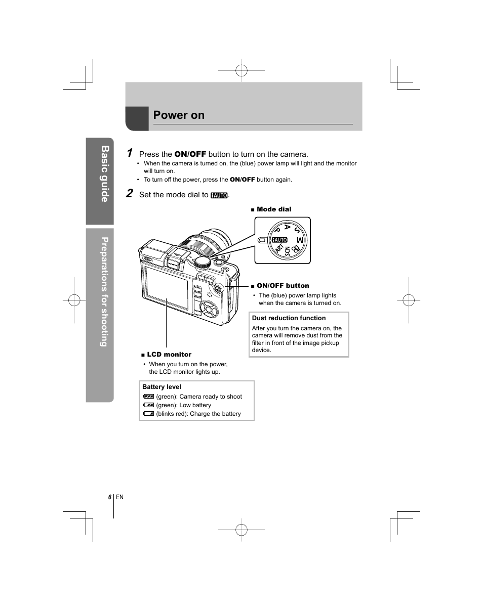 Power on, Basic guide | Olympus E-PL1 User Manual | Page 6 / 124