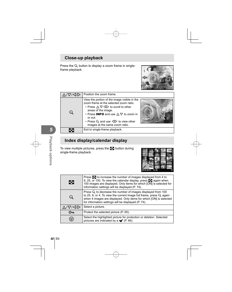 Close-up playback, Index display/calendar display | Olympus E-PL1 User Manual | Page 60 / 124