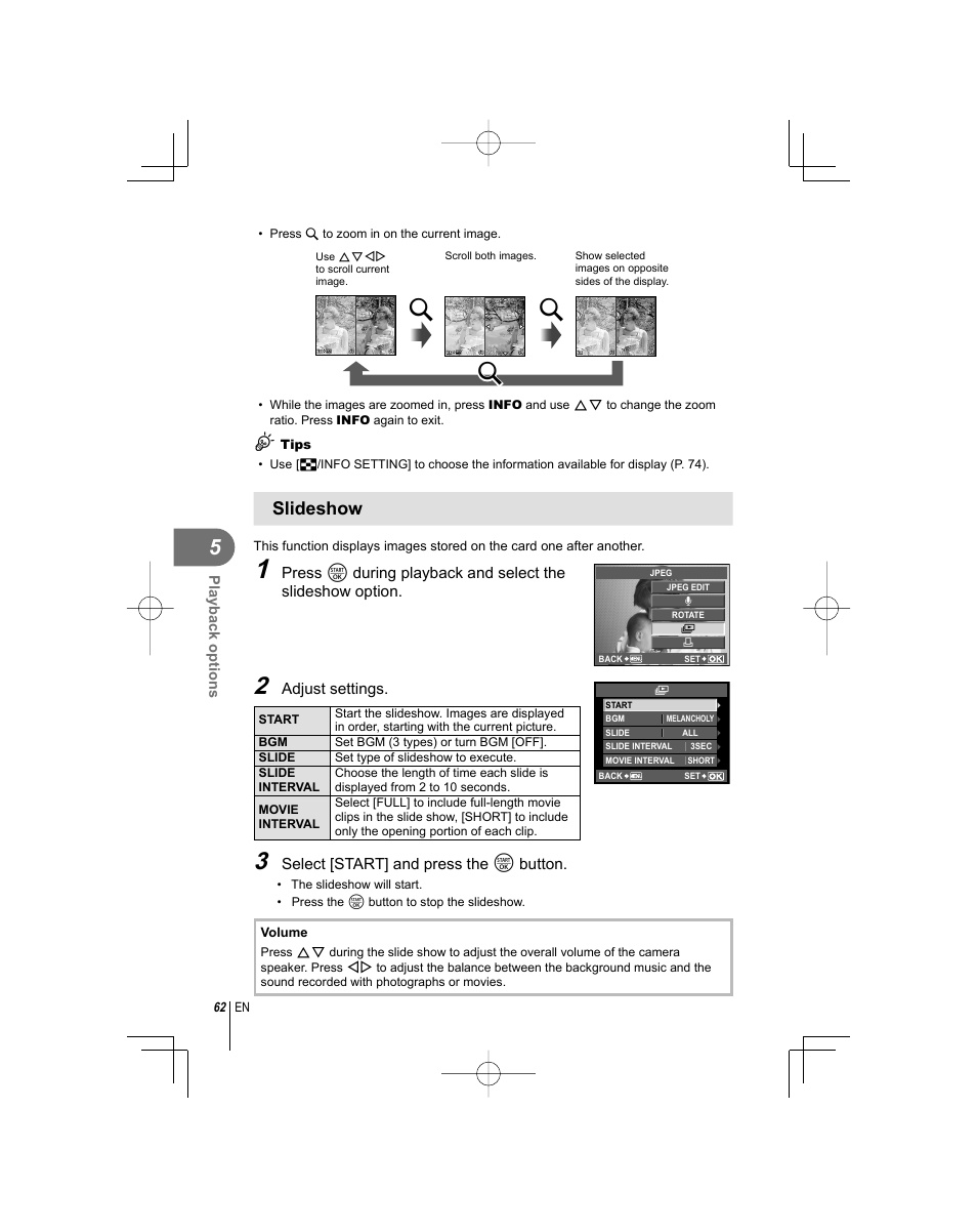 Slideshow, Adjust settings, Select [start] and press the i button | Olympus E-PL1 User Manual | Page 62 / 124