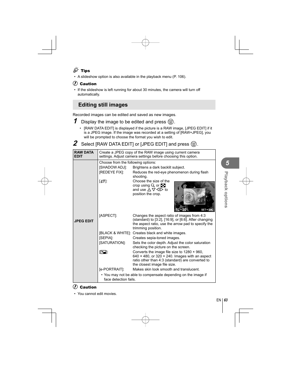 Editing still images | Olympus E-PL1 User Manual | Page 63 / 124