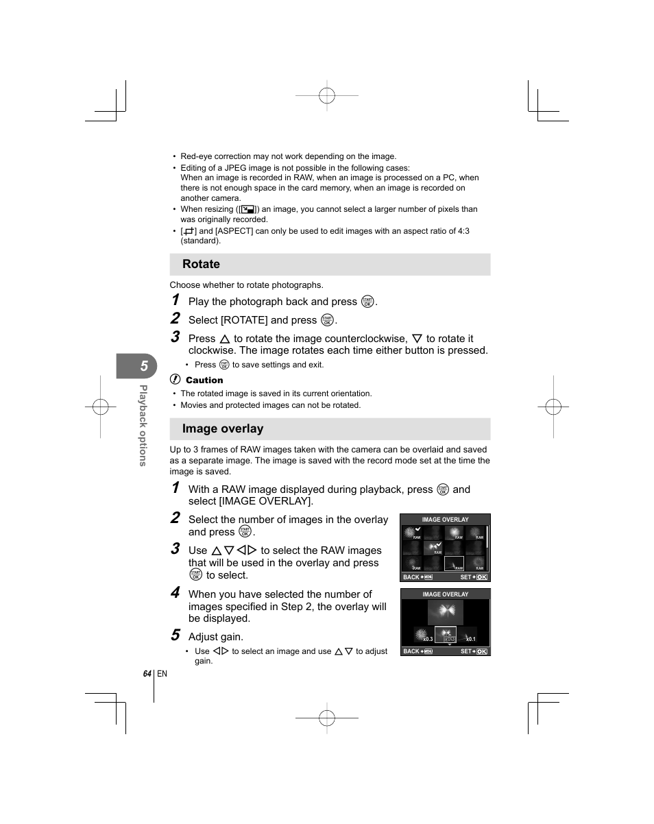 Rotate, Image overlay | Olympus E-PL1 User Manual | Page 64 / 124