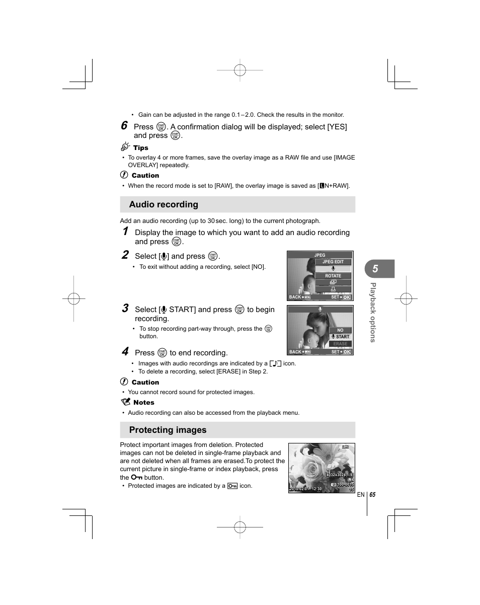 Audio recording, Protecting images | Olympus E-PL1 User Manual | Page 65 / 124