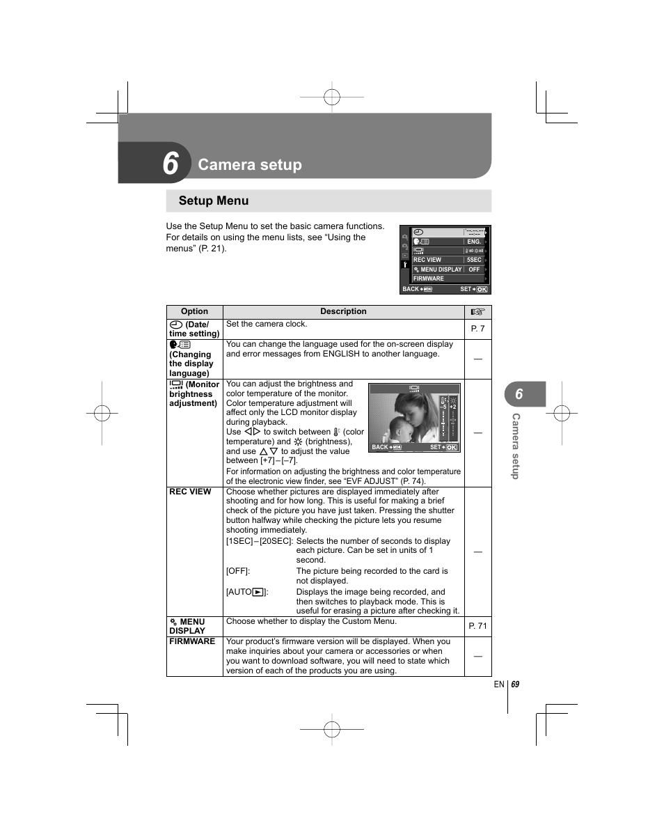 Camera setup, Setup menu | Olympus E-PL1 User Manual | Page 69 / 124