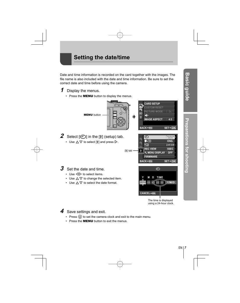 Setting the date/time, Basic guide, Preparations for shooting | Olympus E-PL1 User Manual | Page 7 / 124