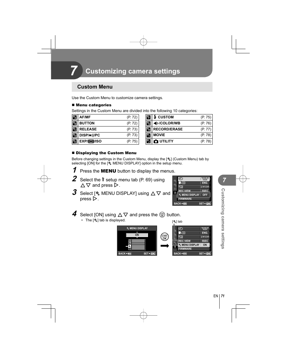Customizing camera settings, Custom menu | Olympus E-PL1 User Manual | Page 71 / 124