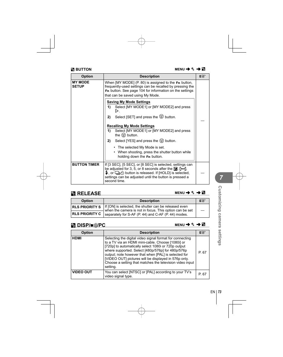 T release, U disp/ 8 /pc | Olympus E-PL1 User Manual | Page 73 / 124